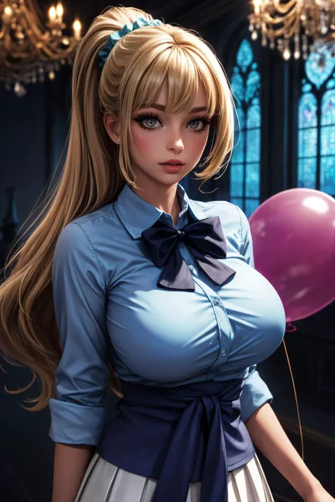 (ultra realistic,32k,RAW photo:1.1),(high detailed skin:1.1), 8k uhd, dslr, high quality, film grain, (makeup, mascara:1.1), lips,(thick\lips\), 
(shiny glossy translucent clothing:1.1), <lora:karuizawa_kei_v1:0.7>aakei, long hair, blonde hair, ponytail, hair scrunchie, blue bowtie, collared shirt, blue shirt, sleeves rolled up, clothes around waist, pleated skirt, white skirt, <lora:add_detail:0.83>, huge breast, (upper body:1.2),
Posing as if holding a big balloon, 
 (busty:1.1) ,  (chubby:0.1),(glowwave:1.2),<lora:LowRA:0.4>, dark theme, An environment with glass windows and chandelier lighting