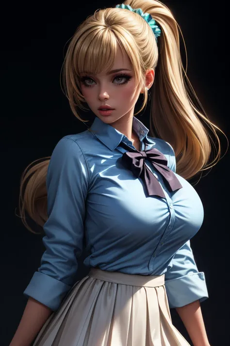 (ultra realistic,32k,RAW photo:1.1),(high detailed skin:1.1), 8k uhd, dslr, high quality, film grain, (makeup, mascara:1.1), lips,(thick\lips\), 
(shiny glossy translucent clothing:1.1), <lora:karuizawa_kei_v1:0.7>aakei, long hair, blonde hair, ponytail, hair scrunchie, blue bowtie, collared shirt, blue shirt, sleeves rolled up, clothes around waist, pleated skirt, white skirt, <lora:add_detail:0.79>, huge breast, (upper body:1.2),
Lying on the back, one leg bent, 
 (busty:1.1) ,  (chubby:0.1),(dense light rays:1.2),<lora:LowRA:0.4>, dark theme, quantum reality gaming hub, immersive  experiences, interactive storytelling, reality-bending games