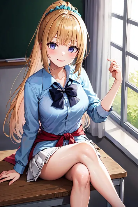 anime、1 girl.(((blonde hair)))、(((middle hair))),(((petite))),(((low length)))、(((show your forehead)))、(((middle parted hair))),(((blue eyes)))、(((big breasts)))、inside a dark room、(((lying next to the bed)))、open your legs、open the thighs,show crotch、Detailed depiction of the crotch、Detailed depiction of pubic hair、grab the breast、(((school uniform))),(((lift the skirt))),(((White panties with ribbon))),(((Detailed panty depiction))),(high resolution:1.6)、detailed description、masterpiece、reasonable、(((smile)))、blush、Composition seen from the front