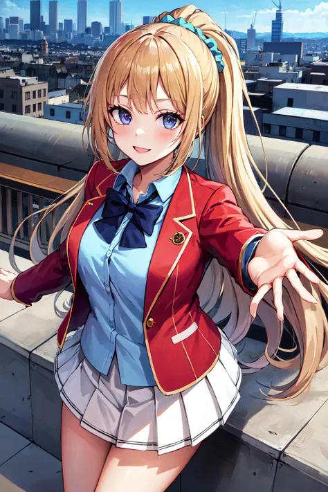 a cartoon girl that is singing and pointing to her face with both hands, 1girl, solo, blonde hair, long hair, skirt, red eyes, standing on one leg, standing, standing split, hoshimiya ichigo, cosplay, smile, sailor senshi uniform, split, open mouth, underwear, gloves, choker, panties, sky, cloud, bow, sailor collar, looking at viewer, :d, red skirt, red choker, white gloves, leg up, hairband, purple bow, red hairband,Ichigo Hoshimiya (Aikatsu!),sama1, tiara, sailor senshi uniform, white gloves, red sailor collar, red skirt, star choker, elbow gloves, pleated skirt, bare legs, purple bow