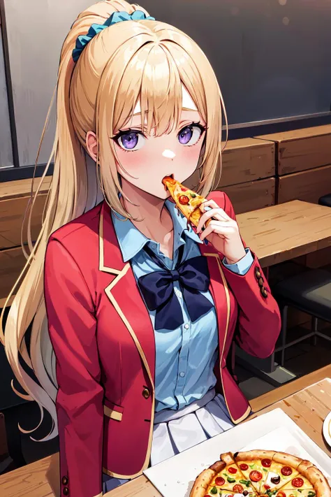 masterpiece, best quality, highres, bbkei, long hair, blonde hair, ponytail, hair scrunchie, collarbone, blue bowtie, collared shirt, blue shirt, red jacket, blazer, open jacket, long sleeves, pleated skirt, white skirt, <lora:karuizawa_kei_v1:0.7>, sitting, upper body, restaurant, eating, pizza,