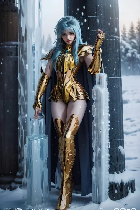 masterpiece,best quality,illustration,official art,unity 8k wallpaper,hyperrealism,ultra detailed,Golden armor,Golden Boots,(deep blue cloak:1.3),<lora:Fra_AquariusArmor_V11:1>,(AquariusArmor:1),1girl,solo,A cold and charming beauty,A proud expression,full body,Slender thighs,Model figure,(narrow waist:1.3),wide hips,Sexy figure,(Black fun underwear:1.1),(Exposed thighs:1.3),(Blue eyes:1.3),looking at viewer,(Baby blue hair:1.3),(C cup:1),(greece:1.1),(Greek stone pillar:1.2),outdoors,Ice world,(big ice block:1.3),Snowflake special effect in hand