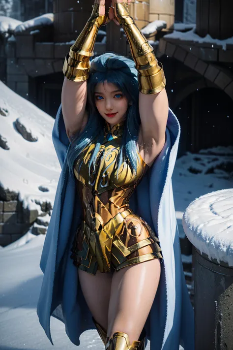 masterpiece,best quality,illustration,official art,unity 8k wallpaper,hyperrealism,ultra detailed,Golden armor,Golden Boots,(deep blue cloak:1.3),<lora:Fra_AquariusArmor_V11:1>,(AquariusArmor:1),1girl,solo,Upper body,A cold and charming beauty,A proud expression,(Upper body:1.1),Slender thighs,Model figure,(narrow waist:1.3),wide hips,Sexy figure,(Exposed thighs:1.5),(Blue eyes:1.3),looking at viewer,(hands crossed and raised above the head:1.6),(Baby blue hair:1.3),(C cup:1),(greece:1.1),(Greek stone pillar:1.2),outdoors,Ice world,perspective,An exaggerated pose,Bare waist,Contrast composition,Ice effects