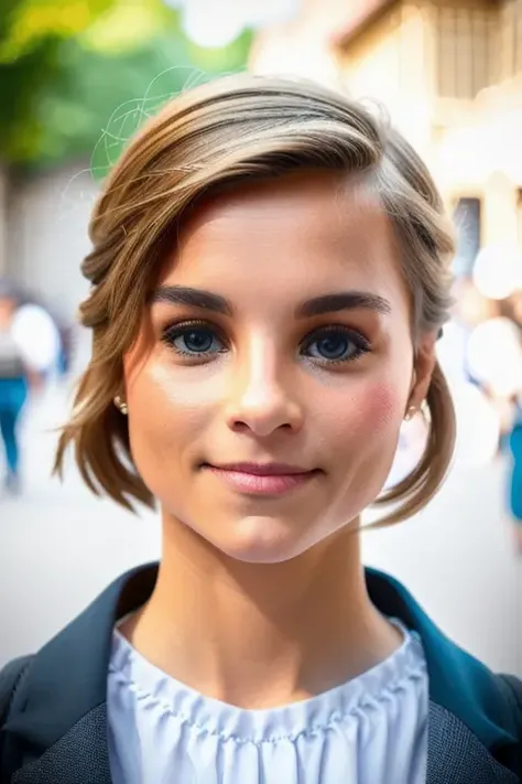 a woman, in a medieval town square, perfect face, clear eyes, [smiling], <lora:stijnFransen:1>, 8k, uhd, raw, fujifilm xt3, masterpiece