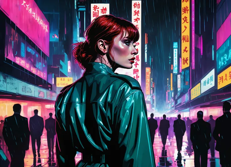 (Bryce Dallas Howard), nighttime, cyberpunk city, dark, raining, neon lights , (<lora:A_Darkly_Scanner:0.5> ,<lora:neowrskXL:0.5> neowrsk,gaint,huge ), cyberpunk, synthwave, 1980s, futurism, brutalism, neuromancer, cinematic photo in las vegas, ((art by Un'ichi Hiratsuka)),A group of resistance soldiers,looking back at the viewer over her shoulder,