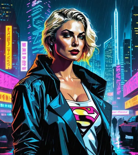 (Morena Baccarin,a girl with a beautiful face), nighttime, cyberpunk city, dark, raining, neon lights, ((Wearing a blazer over a hoodie)), blazer, hoodie,(cyberpunk 2077 cityscape), (<lora:neowrskXL:0.5> neowrsk,gaint,huge ), cyberpunk 2077, cyberpunk, synthwave, 1980s, futurism, brutalism, neuromancer, cinematic photo, Power girl, supergirl, blonde,art by Antoine Le Nain, art by Antoine Verney-Carron