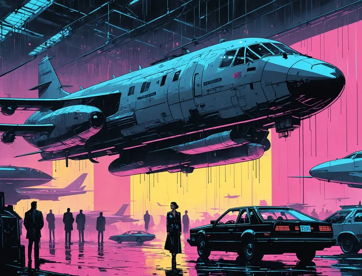 (Alicia Vikander), nighttime, cyberpunk city, dark, raining, neon lights , (<lora:neowrskXL:0.5> neowrsk,gaint,huge ), cyberpunk, synthwave, 1980s, futurism, brutalism, neuromancer, cinematic photo in an aircraft hanger, art by Adrian Tomine,art by Jakub Rozalski, 1920+ Poland