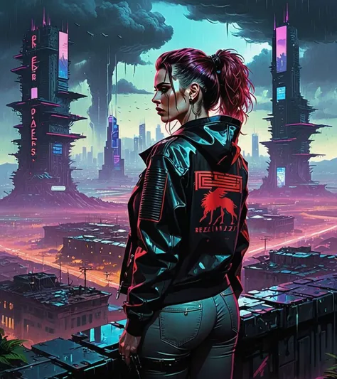 (Felicity Jones,a girl with a beautiful face), nighttime, cyberpunk city, dark, raining, neon lights, ((Wearing a blazer over a hoodie)), blazer, hoodie,(cyberpunk 2077 cityscape), (<lora:PostApocalypticXL_v1:0.5> SZ_4poXL enviroment,<lora:neowrskXL:0.5> neowrsk,gaint,huge ), cyberpunk 2077, cyberpunk, synthwave, 1980s, futurism, brutalism, neuromancer, cinematic photo,, standing in the distance,,Amid the ruins of a once-majestic fortress, a soldier pauses, her silhouette ghostly against the backdrop of shifting terrains that oscillate between detailed battle maps and molten landscapes, Tornado, Barren trees, Menacing,,detailed hair, mohawk, red hair,((art by RezsQ Blint))