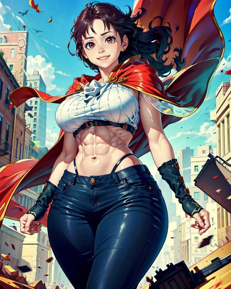 1girl, (skinny muscular),(look at viewer:1.1), big smile,
confident, heroicly,
blood_red-color cape-float, (strong wind:1.2),
big breast, narrow waist, wide pelvic, thick thigh,
suit-pants,
blue sky, skyscrapers,
(realistic skin_details, sharp focus, masterpiece,best quality,finely detailed,extremely detailed, realistic detail,clear_image,realistic, high_resolution,distinct_image) <lora:xxNIKICHENxx_v0.1a-000002:0.8>