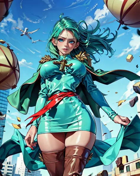 1girl, (look at viewer:1.1), , magician,
bater,
pine_green-color hair,
confident, heroicly,
AliceBlue-color cape-float, (strong wind:1.2),
(full dress:1.2),
big breast, narrow waist, wide pelvic, thick thigh,
thigh high boots,
blue sky, skyscrapers,
(realistic skin_details, sharp focus, masterpiece,best quality,finely detailed,extremely detailed, realistic detail,clear_image,realistic, high_resolution,distinct_image) <lora:xxNIKICHENxx_v0.1a-000002:1>