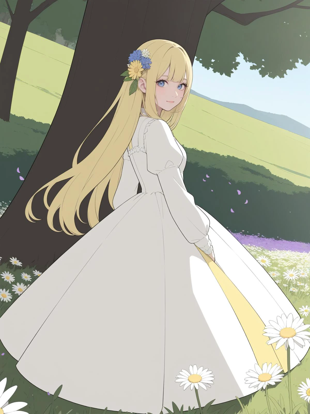 yellow theme,1girl, solo, flat color, ,looking at viewer,,
flower, 1girl, petals, grass, field, flower field, outdoors, long hair, solo, white flower, hair ornament, hair flower, dress, long sleeves, bangs, yellow flower, frills, standing, looking at viewer, on grass, purple flower, very long hair, purple eyes, day, smile, wind, closed mouth, tree, bush, nature, floating hair, pink flower, scenery, white dress, eyebrows visible through hair, puffy sleeves, blue flower, daisy, sky,