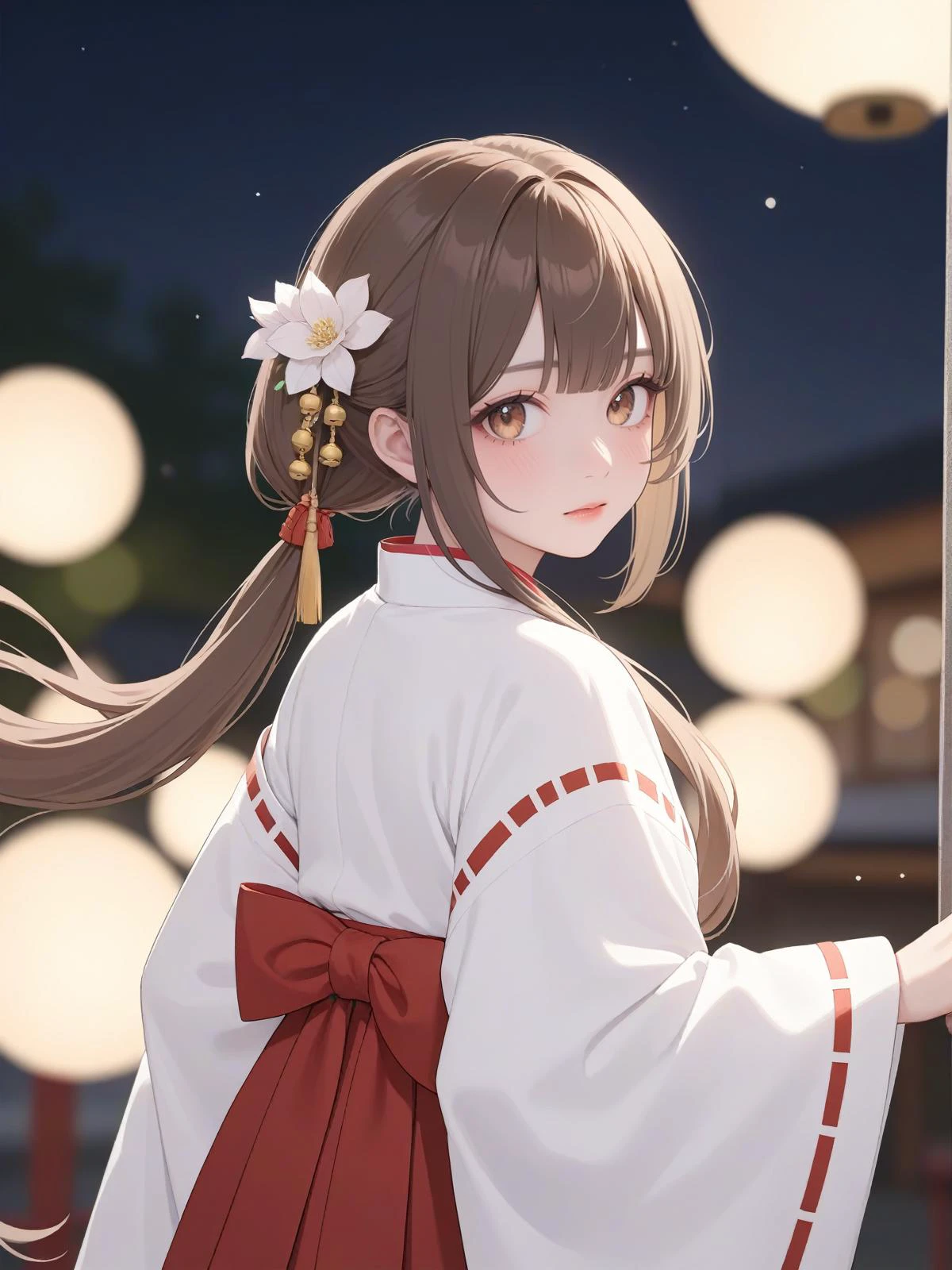 1girl, solo, looking at viewer, depth of field, blurry background,outdoors,,lens 135mm,f1.8,
miko, japanese clothes, red hakama, bokeh, wide sleeves, jingle bell, long hair, hakama skirt, brown hair, hakama, bell, skirt, low ponytail, ribbon-trimmed sleeves, twintails, holding, brown eyes, long sleeves, hair ribbon, ribbon trim, low twintails, ribbon, lens flare, motion blur, white kimono, white ribbon, kimono, tassel, hair ornament, blush, bangs, looking away, outstretched arm, very long hair, flower, alternate costume, open mouth, night