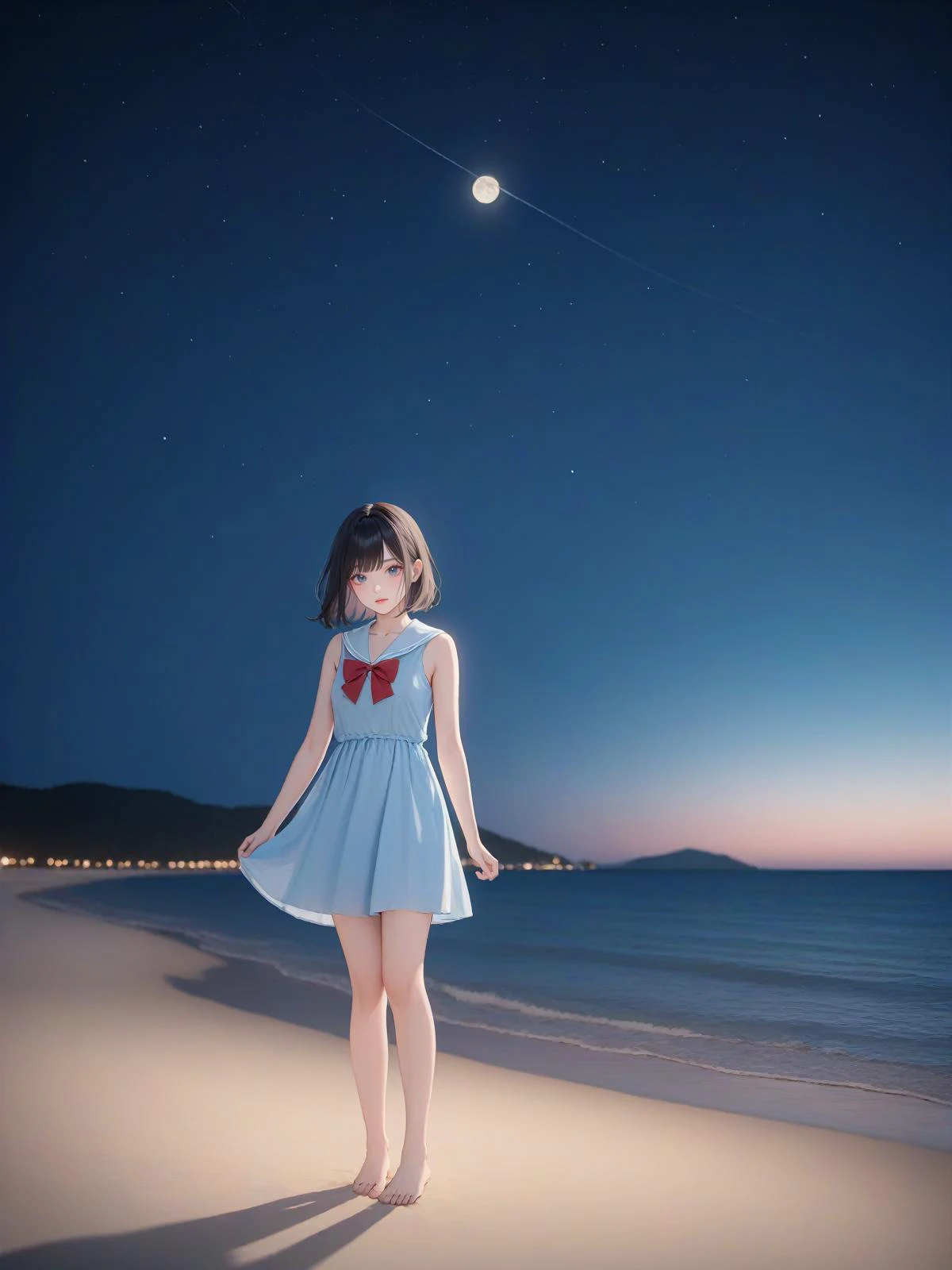 1girl, solo, looking at viewer, depth of field, blurry background,outdoors,,lens 135mm,f1.8,
barefoot, sky, beach, outdoors, night, blue eyes, cloud, black hair, ocean, standing, red bow, skirt, looking at viewer, bow, sand, night sky, full body, star (sky), sleeveless, shirt, bangs, star (symbol), collarbone, blue skirt, closed mouth, starry sky, horizon, water, blush, arms at sides, bare shoulders, shore, moon, medium hair, blue shirt, sailor collar, dress, red bowtie, bowtie, cloudy sky, smile, sash