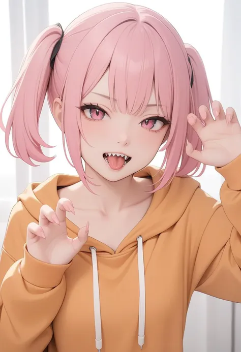 masterpiece, best quality, 1girl, pink hair, pink eyes, tsurime, short twintails, short hair, orange hoodie, looking at viewer, upper body, sleeves, fangs, claw pose, sharp teeth, tongue, finger nails, open mouth,