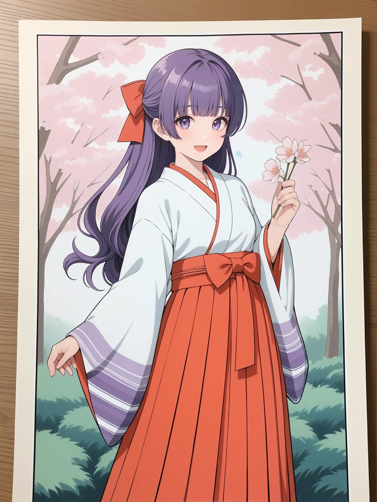 1990s (style), traditional media,cowboy shot,open mouth,
daidouji tomoyo, ,1girl, solo, cherry blossoms, meiji schoolgirl uniform, hakama, long hair, japanese clothes, skirt, hakama skirt, purple hair, petals, yagasuri, purple eyes, bangs, hair bow, retro artstyle, bow, smile, kimono, long sleeves, red hakama, red bow, wavy hair, wide sleeves, , blunt bangs, flower,