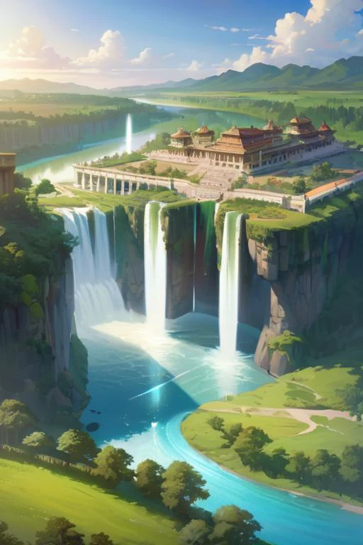 (masterpiece:1.2),best quality,Colorful portraits,multicolored,masterpiece,best quality,((an extremely delicate and beautiful)),floating,(detailed wet clothes),(detailed light),feather,nature,(sunlight),river,floating palace,beautiful and delicate water,(bloom),(shine),(wash painting),(ink s...),panorama,landscape,