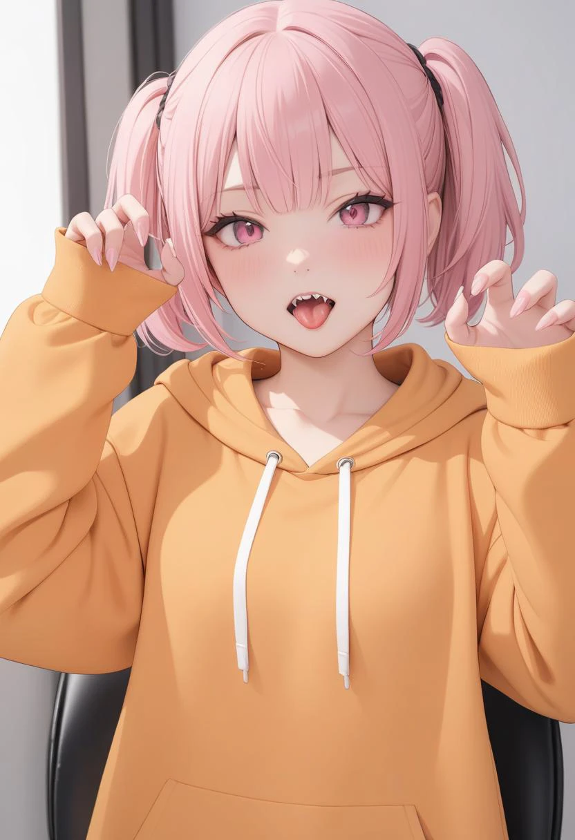masterpiece, best quality, 1girl, pink hair, pink eyes, tsurime, short twintails, short hair, orange hoodie, looking at viewer, upper body, sleeves, fangs, claw pose, sharp teeth, tongue, finger nails, open mouth,