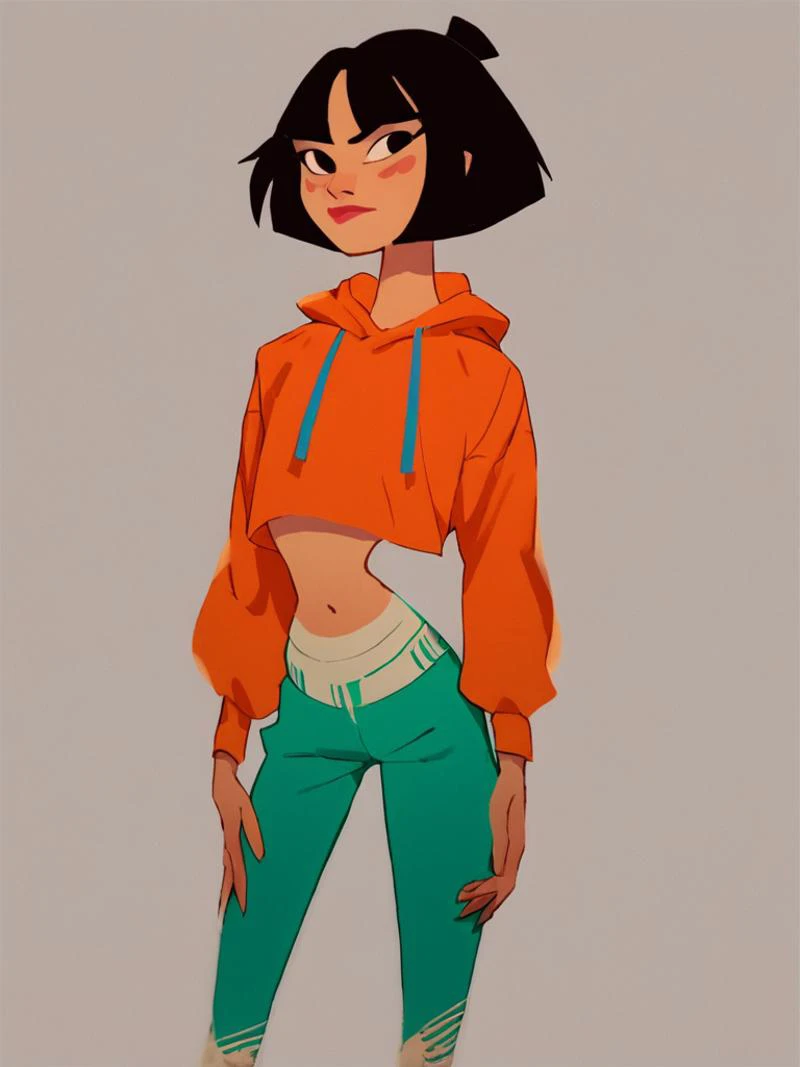 <lora:samurai_jack:1.1> score_9, score_8_up, score_7_up, score_6_up, cowboy shot, no lineart, flat color, source_cartoon, jackie chan adventures, Jade chan, orange hoodie, pants, sneakers,