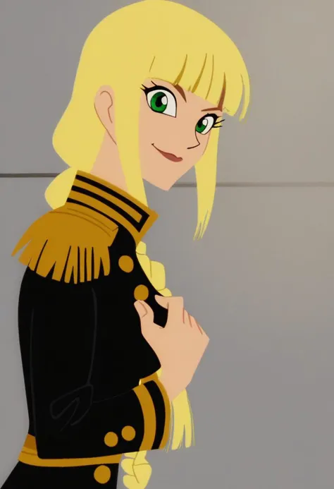 illustration, retro artstyle, flat colors,
1girl, solo, braid, bangs, sidelocks, smile, breasts, epaulettes, upper body, from side, blonde hair, long hair, green eyes, single braid, blunt bangs, closed mouth, medium breasts, black jacket, brown trim, uniform, long sleeves, low ponytail, looking at viewer, shiny hair, jacket, tied hair, gold choker, hand on own chest, clenched hand, fringe trim, indoors