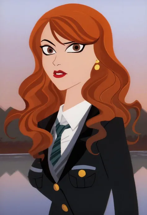 1girl, solo, portrait, bangs, lipstick, makeup, lips, teeth, mascara, nose, earrings, jewelry, breasts, orange hair, long hair, brown eyes, wavy hair, swept bangs, medium breasts, black jacket, white shirt, necktie, jacket, shirt, looking at viewer, red lips, collared shirt, school uniform, breast pocket, blazer, wing collar, outdoors, river, night