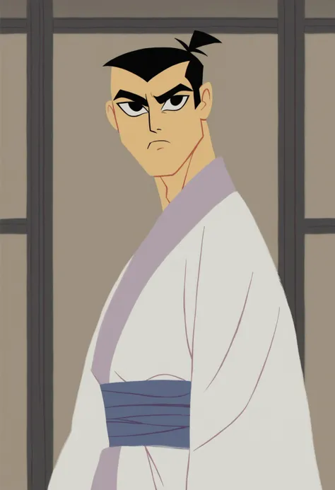 score_9, score_8_up, score_7_up, score_6_up, 1boy, samurai jack, white kimono, solo, black hair, 1boy, male focus, black eyes, looking at viewer, upper body, indoors, japanese male, serious, standing, no lineart, flat color, retro artstyle, <lora:samurai_jack:1>