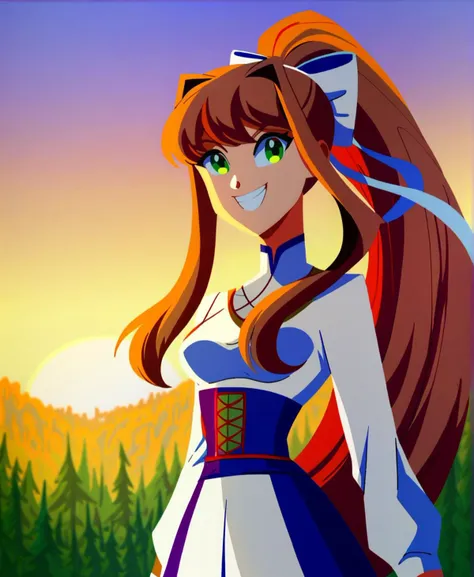 score_9_up, score_8_up, score_7_up, dynamic pose, upper body, 1girl, Monika \(doki doki literature club\), very long hair, brown hair, ponytail, white hair bow, green eyes, medium breasts, smiling, teeth
, outdoors, in a palace, sunset, sunny, <lora:samurai_jack:1>, retro artstyle, flat color