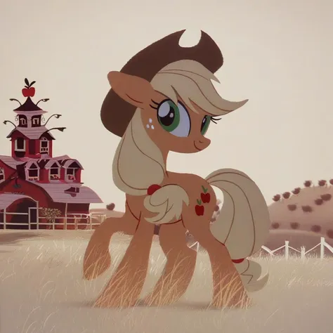 score_9, score_8_up, score_7_up, score_6_up, score_5_up, score_4_up, no lineart, flat color, retro artstyle, BREAK applejack, mare, earth pony, solo, smiling, looking at you, (sweet apple acres)