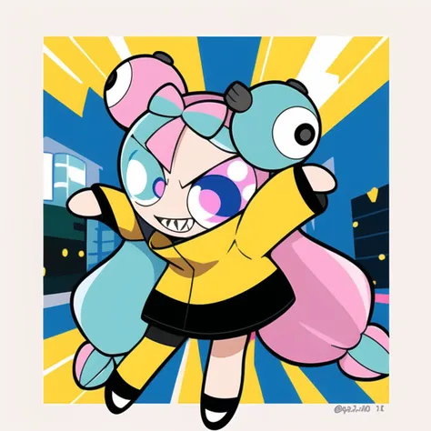 <lora:PPGStyle-20:0.8>,
full body, chibi, 1girl,
,iono1, long hair, , yellow jacket, oversized clothes, <lora:ionoPokemon_v10:0.7>,smile ,ball hair ornament, multicolored hair, twintails, sharp teeth,