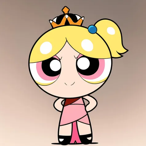 <lora:PPGStyle-20:0.8>,side ponytail, mini crown,
full body, chibi, 1girl, bob cut, multicolored hair, gradient eyes, grey eyes, ,iridescent hair , grey eyes, blonde hair, standing, smile, pink eyes, red long dress,