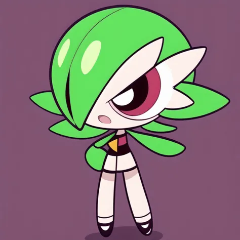<lora:PPGStyle-20:0.8>,
1girl,full body, chibi, <lora:gardevoir_V2:0.9>, (green hair:1.3), green skin , hair over one eye, multicolored skin, pokemon \(creature\), red eyes, short hair, two-tone skin, white skin, standing,