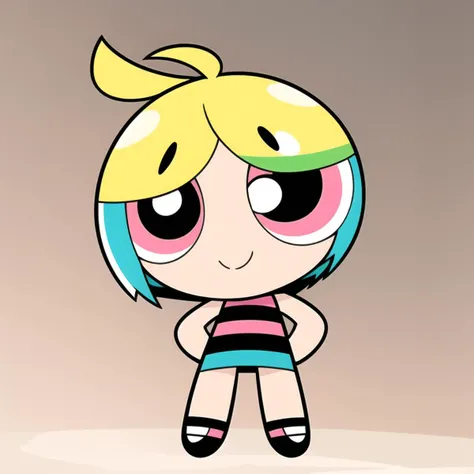 <lora:PPGStyle-20:0.8>,
full body, chibi, 1girl, bob cut, multicolored hair, gradient eyes, grey eyes, ,iridescent hair , grey eyes, blonde hair,  standing, smile, pink eyes,