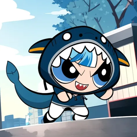 <lora:PPGStyle-20:0.8>,
chibi, 1girl, multicolored hair , blue eyes,smile,
<lora:gawrGura:0.6> gawr gura, shark girl, shark tail, shark print, blue hoodie, sharp teeth, animal hood, hood up,