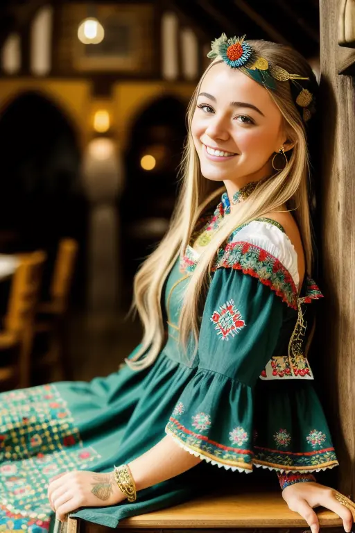 a portrait photo of a lora:OliviaDunne, smiling, tattoo, ((((folk dress)))), Ukrainian dress, pronounced feminine feature, insane details, intricate details, hyperdetailed, complex background, medieval tavern, indoor, in the style of greg fredericks <lora:OliviaDunne:0.9>