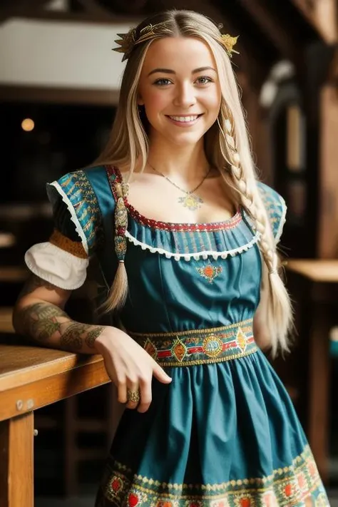 a portrait photo of a lora:OliviaDunne, smiling, tattoo, ((((folk dress)))), Ukrainian dress, pronounced feminine feature, insane details, intricate details, hyperdetailed, complex background, medieval tavern, indoor, in the style of greg fredericks <lora:OliviaDunne:0.9>