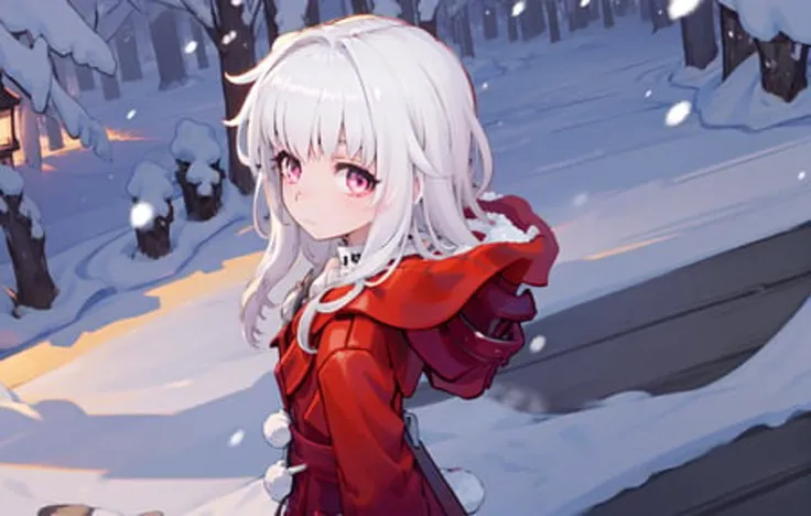 (best quality:1.3),(masterpiece:1.3),(illustration:1.3),(ultra-detailed:1.3),(imid shot:0.9),
1girl, solo, red jacket, sleeves past wrists, long hair, barefoot, long sleeves, simple background, full body, coat, grey hair, looking at viewer,
very young, upper body ,short neck, small breasts,
from side,from below,close-up,
pink eyes, jewel-like eyes,
snowflakes, snow, forest, wooden floor, sunlight, morning,