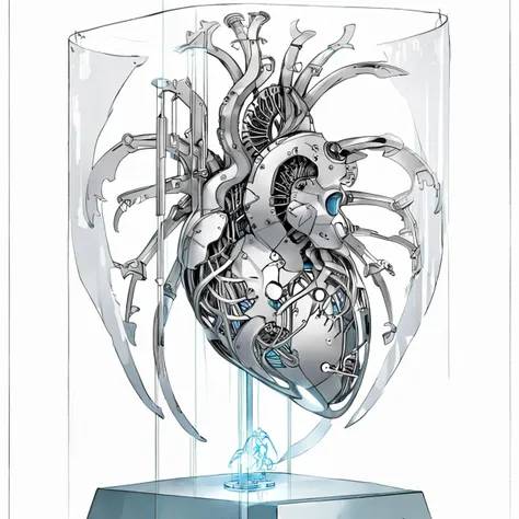 kasukanrasty, masterpiece, best quality, an intricate key-shaped computer device that resembles the shape of a human heart, projected onto a hologram with a modern user interface, enclosed within a futuristic machine-like ribcage, elaborate details, white transparent screen