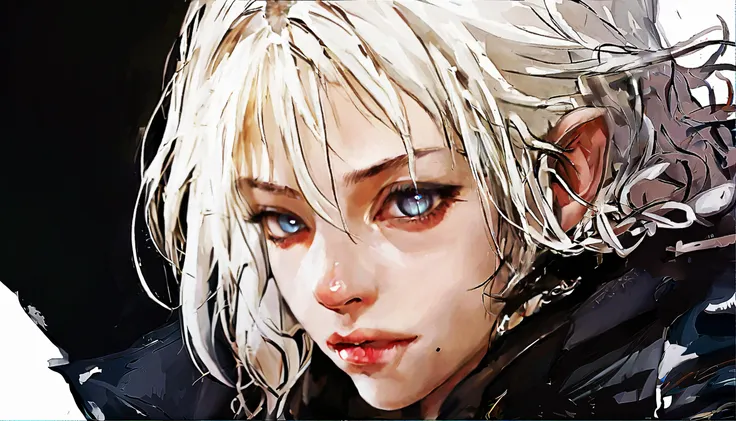 kasukanrasty, masterpiece, best quality, 1girl, a bust up three fourth perspective portrait view of a beautiful young teenage girl adventurer with medium length messy white hair with some black dyed hair strands, wearing alexander mcqueen style fashion, looking at viewer, simple background