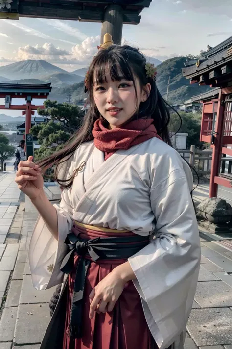 (realistic:1.3), finely detailed, quality, rembrandt lighting, (maserpiece:1.2), (photorealistic:1.2), (best quality), (detailed skin:1.3), (intricate details), dramatic, ray tracing, 1girl, japanese girl, 21 years old, smiling, type100miko, japanese clothes, red scarf, white kimono, black belt, (red pants), cowboy shot, (japanese shinto temple, torii gates, bright sunny day), <lora:type100-pynoise:1>