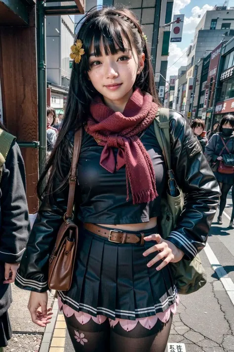 (realistic:1.3), finely detailed, quality, rembrandt lighting, (maserpiece:1.2), (photorealistic:1.2), (best quality), (detailed skin:1.3), (intricate details), dramatic, ray tracing, 1girl, japanese girl, 21 years old, smiling, origin, school uniform, serafuku, red scarf,black pleated skirt, pink trim,long sleeves, brown pantyhose, sailor collar, cowboy shot, (tokyo, harajuku, bright sunny day, strolling), <lora:type100-pynoise:1>