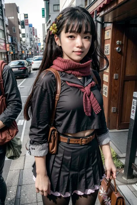 (realistic:1.3), finely detailed, quality, rembrandt lighting, (maserpiece:1.2), (photorealistic:1.2), (best quality), (detailed skin:1.3), (intricate details), dramatic, ray tracing, 1girl, japanese girl, 21 years old, smiling, origin, school uniform, serafuku, red scarf,black pleated skirt, pink trim,long sleeves, brown pantyhose, sailor collar, cowboy shot, (tokyo, harajuku, bright sunny day, strolling), <lora:type100-pynoise:1>