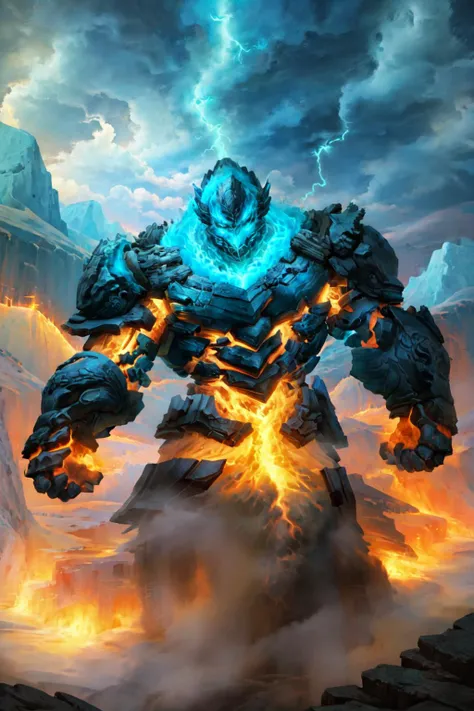 (masterpiece:1.2), (best quality:1.2), volumetric lighting, fantasy, golem, storm golem, thunderstorm, lightning, thunder, furious skies, elemental destruction <lora:elementalGolemsFireLava_golemV1:0.8>