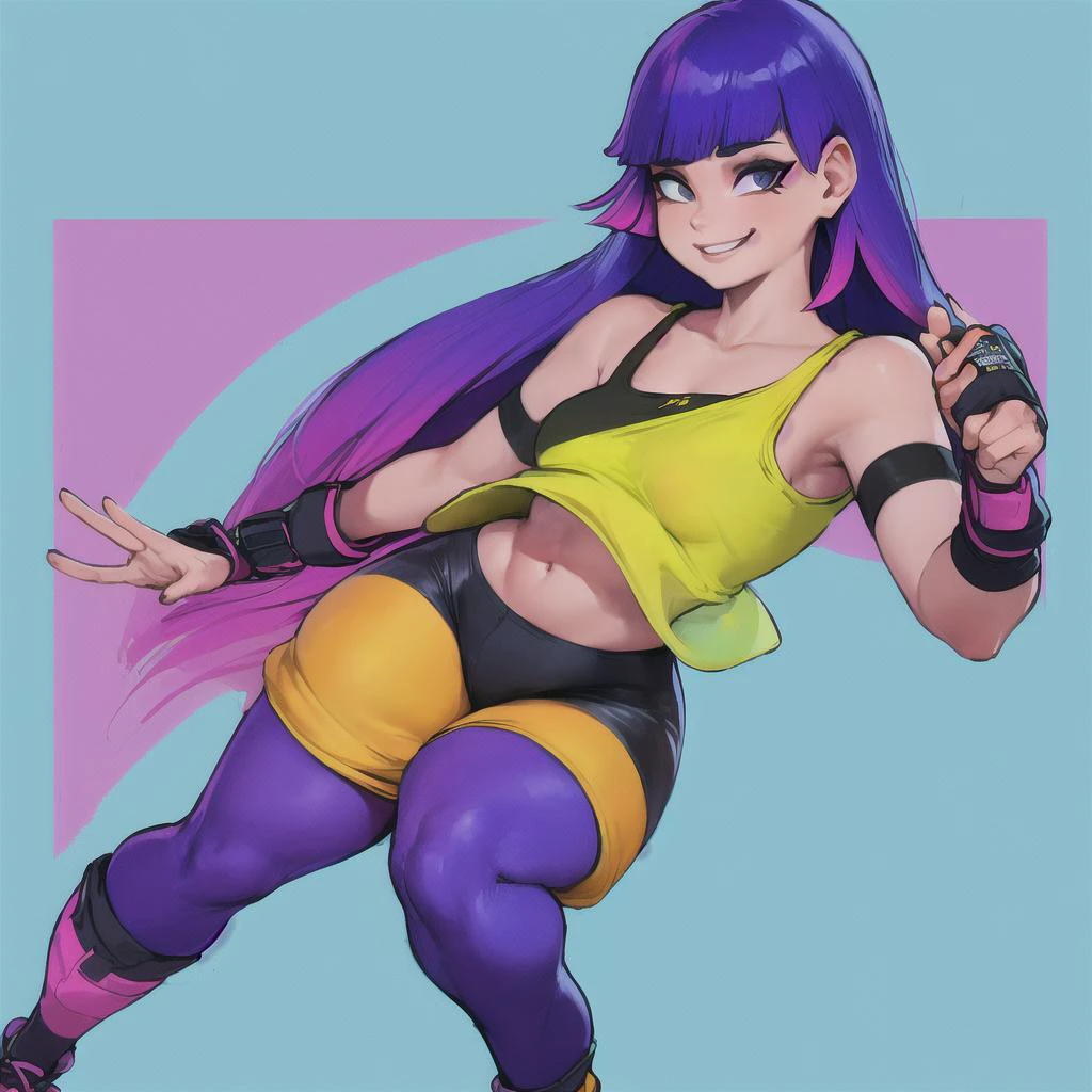 standing, wearing black tanktop undershirt and yellow croptop, blue jacket_around_waist, purple tights, solo, solo focus, (photorealistic:0.7), detailed, looking at viewer, multicolored hair, long hair, 1girl, masterpiece, high quality, plain background, (smiling:0.7), happy, joy, (thicc:0.5), <lora:mikoKubotaGlitchTechs_v1:1>