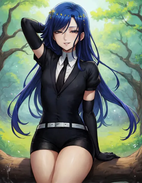 illustration, modern anime, absurdres, octane render, masterpiece, 1girl,  <lora:phosShinshaLapisBortDia_v10:0.75>, housekilapis, cowboy shot, sitting, happy, black suit, black shorts, winking, happy,smiling, parted lips, flat chest, tree trunk, outside, filelds in background, white belt, floating particles, one arm behind head