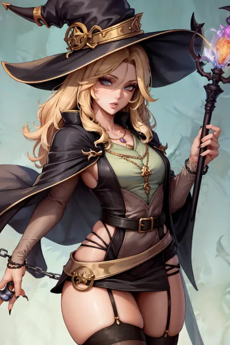 (masterpiece:1.2), (best quality:1.2), perfect eyes, perfect face, perfect lighting, 1girl, mature female wizard casting a dark spell atop a cliff, staff, medium blond hair, curly hair, mage_glam, black and gold robes, long sleeves, necklace, chains, straps, belts, stockings, garters, wizard hat, long nails, detailed background, makeup, eyeshadow, thick eyelashes, fantasy, looking at the viewer  <lora:blackMageFashion_v10:0.5>