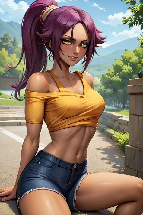 ((best quality)), ((masterpiece)), (detailed), dark skin, dark-skinned female, smile, yellow eyes, purple hair, highly detailed face, highly detailed eyes, anime, <lora:bleach_shihouin:1>