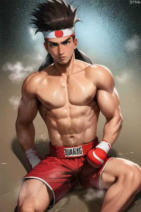 best quality, highres, 1boy,joehigashi,fingerless gloves, (babyface:1.3),(white hinomaru headband:1.4), (pee stain red boxing shorts:1.5), (many steam and many sweat:1.3), (shiny skin:1.1),convulsions,lying boxingring, barefoot,