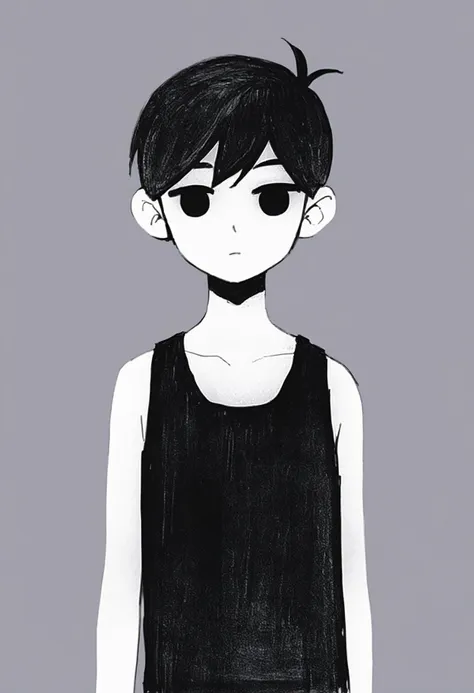 score_9, score_8_up, score_7_up, BREAK,  monochrome, greyscale, sketch, 1boy, black eyes, black hair, short hair, black tank top, closed mouth, expressionless, looking at viewer, white background  <lora:OmoriXLLoconV2:1>