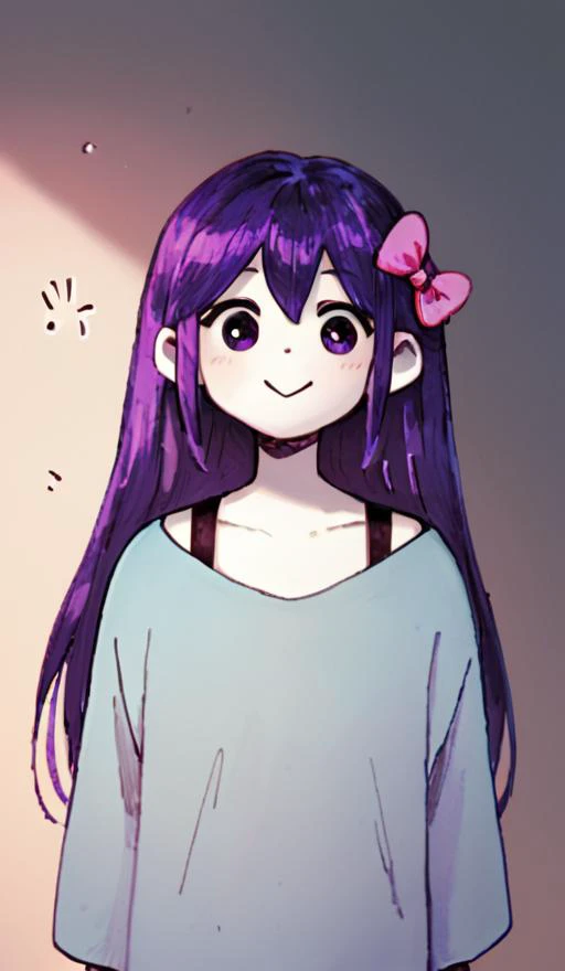 score_9, score_8_up, score_7_up, 1girl, long hair, smile, purple hair, pink bow in hair, white skin, black shoulder straps, blue oversized shirt, petite, short, big head, cute, <lora:OmoriXLLoconV2:1>