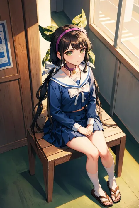 masterpiece, best quality, chabashira tenko, twintails, hair ribbon, hairband, choker, serafuku, pleated skirt, socks, sandals, sitting on the ground, looking up, looking at viewer, from above, confused, furrowed brow, school hallway <lora:tenko-nvwls-v1-000010:0.9>