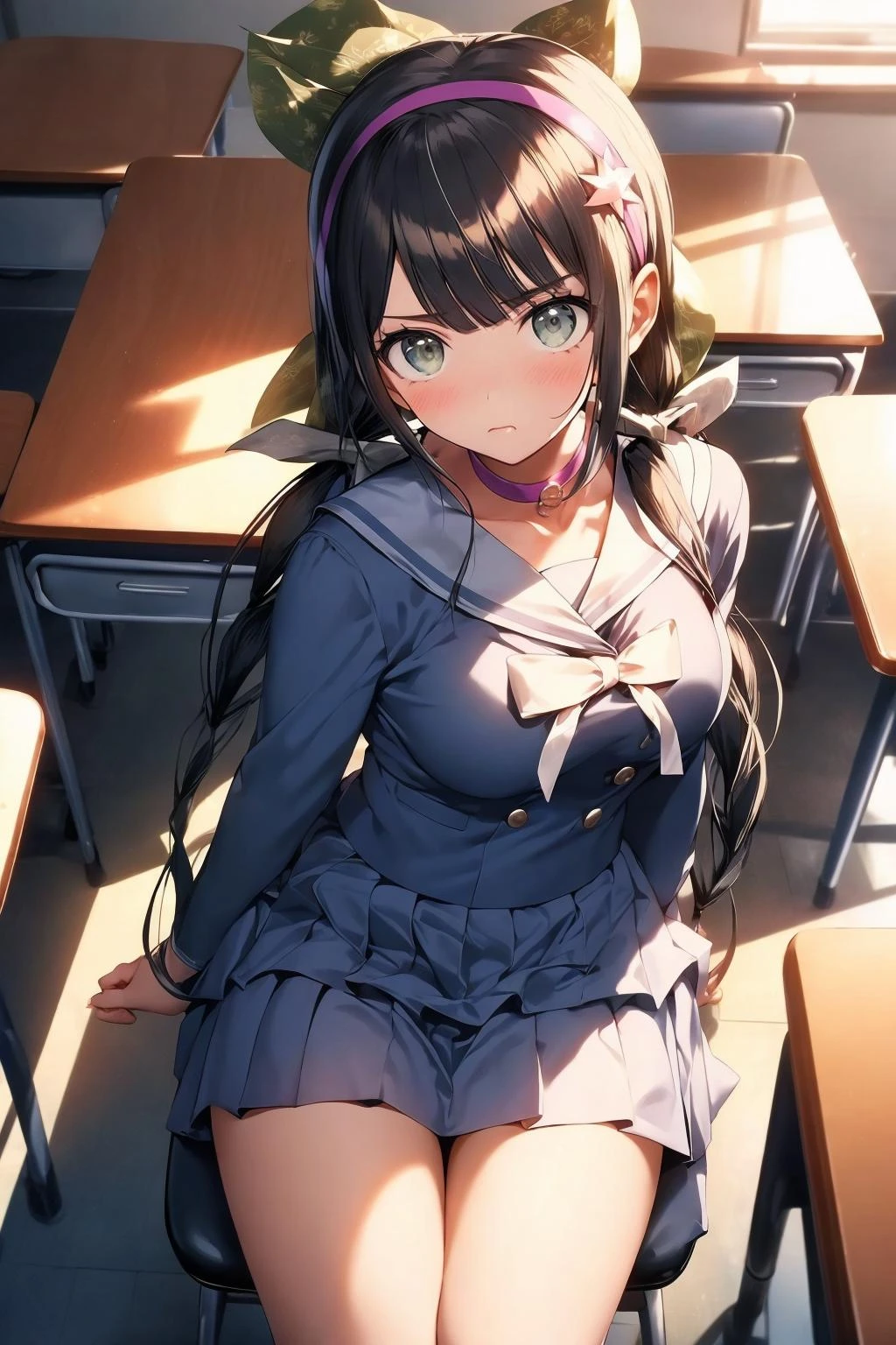 masterpiece, best quality, chabashira tenko, twintails, hair ribbon, hairband, choker, serafuku, pleated skirt, large breasts, sitting, desk, chair, classroom, looking at viewer, from above, furrowed brow, confused <lora:tenko-nvwls-v1-000010:0.9>